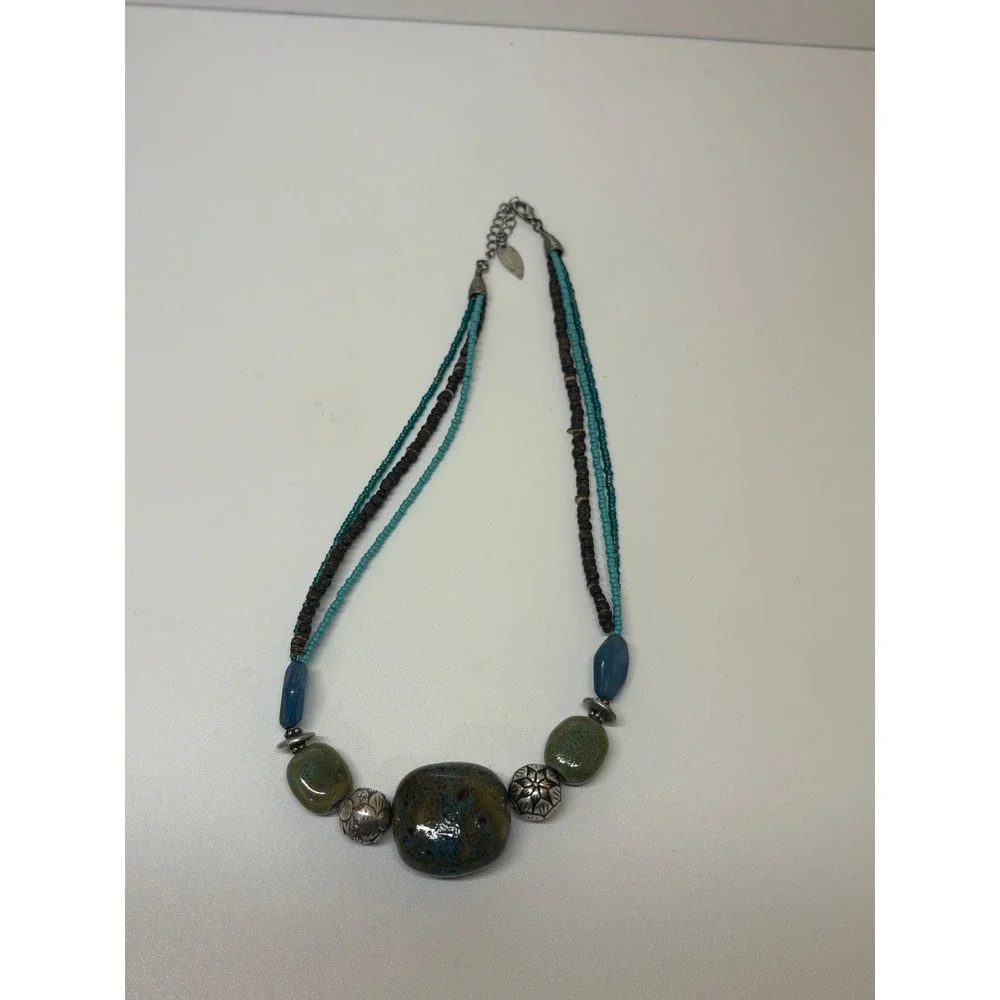 Coldwater Creek Multi-Strand Beaded Necklace Green Blue Ceramic Silver Boho
